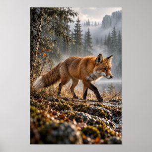 Póster Zorro Rojo Caminando a Través del Bosque Nebuloso