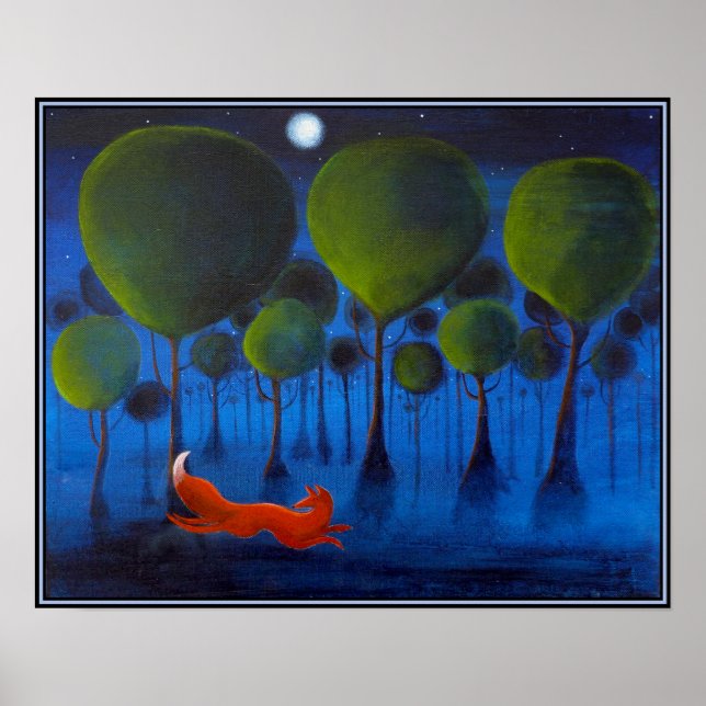 Póster zorro rojo con árboles en la noche. (Frente)