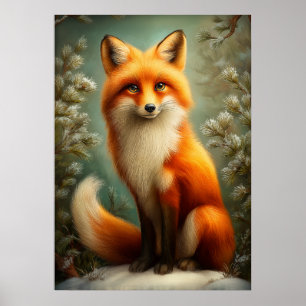 Póster Zorro rojo en bosque invernal