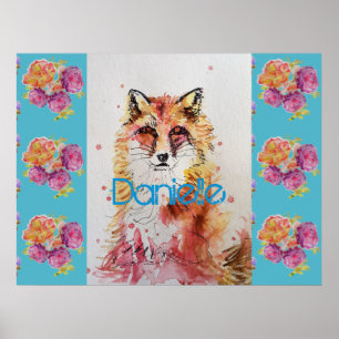 Póster Zorro Rojo Lindo Animal Rosa Verde Rosas