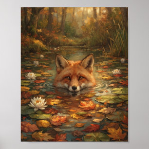 Póster Zorro Rojo Nadando Estanque de Otoño Nenúfar Botán