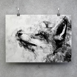 Póster Zorro Rojo Negro y Blanco Acuarela 01