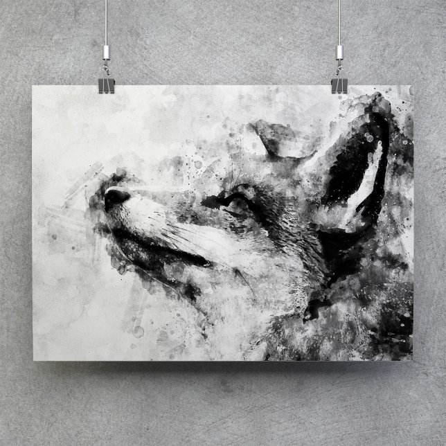 Póster Zorro Rojo Negro y Blanco Acuarela 01 (Red Fox Black and White Watercolor 01. Poster)