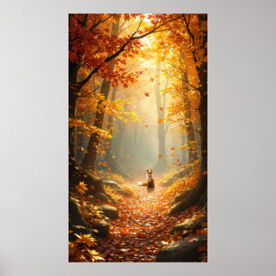 Póster zorro sentado en medio de un bosque