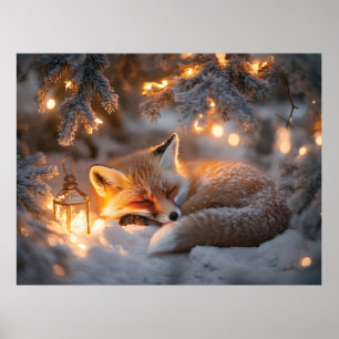 Póster Zorro suave bajo ramas nevadas