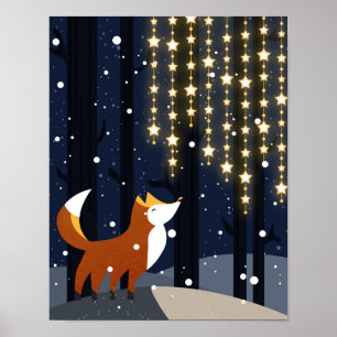 Póster Zorro y cuerdas de luces de estrellas en el bosque