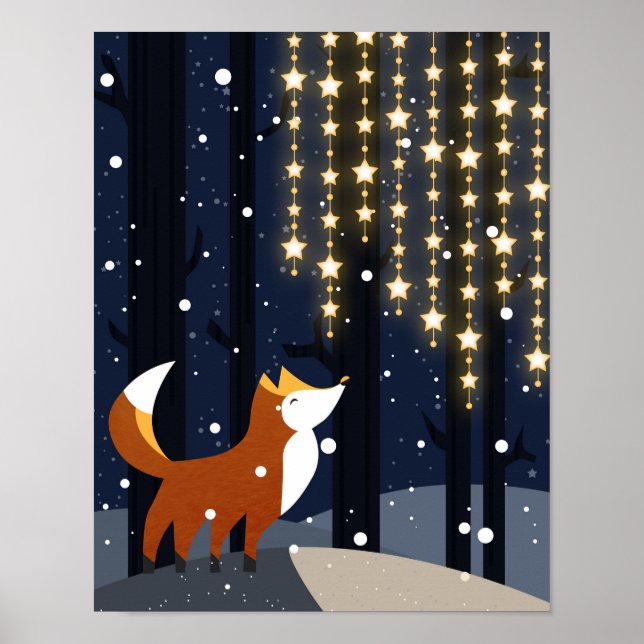 Póster Zorro y cuerdas de luces de estrellas en el bosque (Frente)