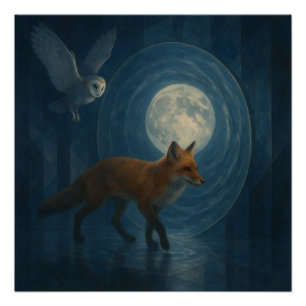 Póster Zorro y lechuza bajo el portal iluminado por la lu