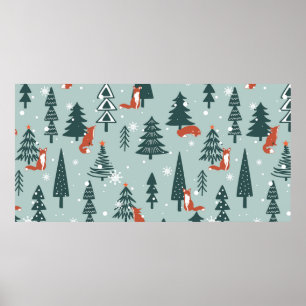 Póster Zorros, abetos, nieve, dibujado a mano. Marea colo