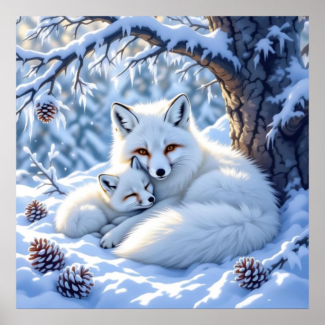 Póster Zorros Blancos Dulces en la Nieve (Frente)