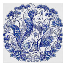Zorros de nueve colas Kitsune Imari Estilo Azul Bl