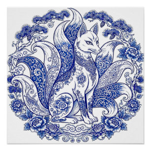 Póster Zorros de nueve colas Kitsune Imari Estilo Azul Bl