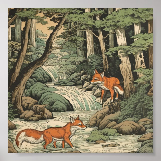 Póster zorros en el paisaje japonés (Frente)