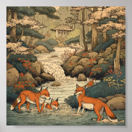 Póster zorros en el paisaje japonés