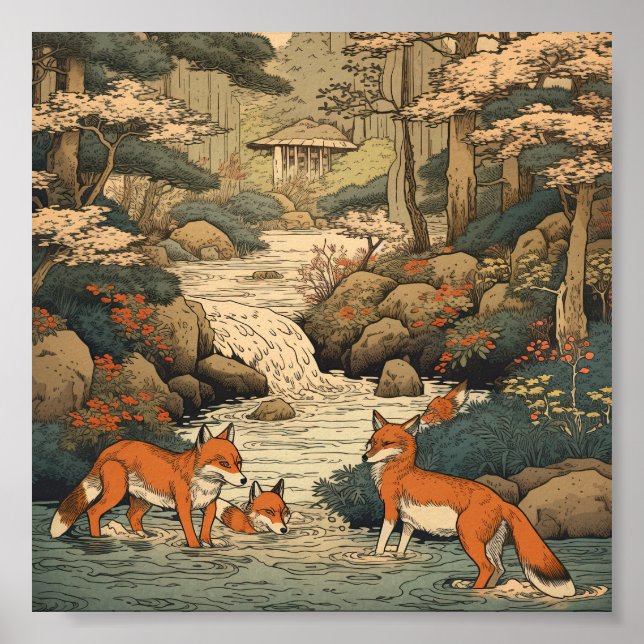 Póster zorros en el paisaje japonés (Frente)