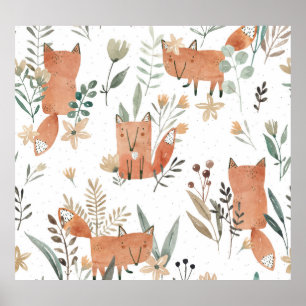 Póster zorros en praderas: sin foco acuarela