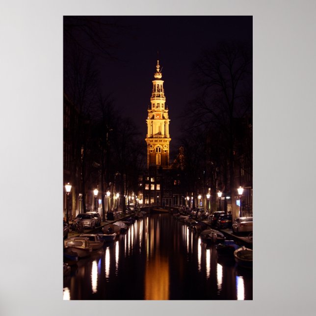 Póster Zuiderkerk en Amsterdam Países Bajos de noche (Frente)