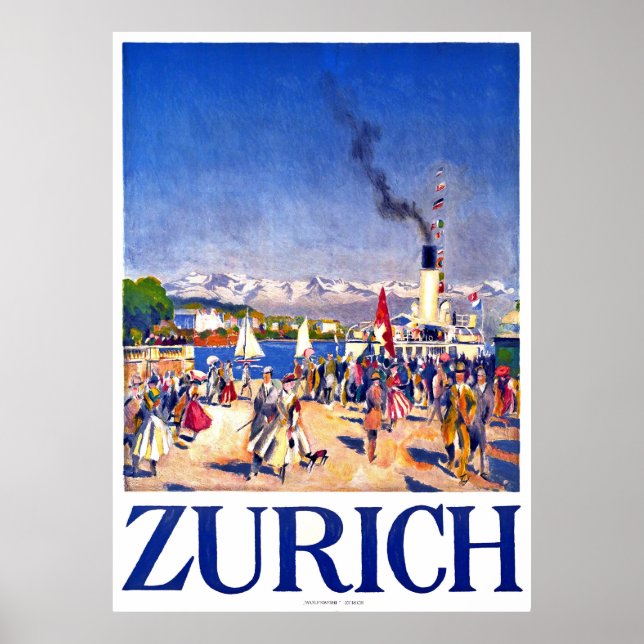 Póster Zúrich, barco turístico en el muelle de la ciudad, (Frente)