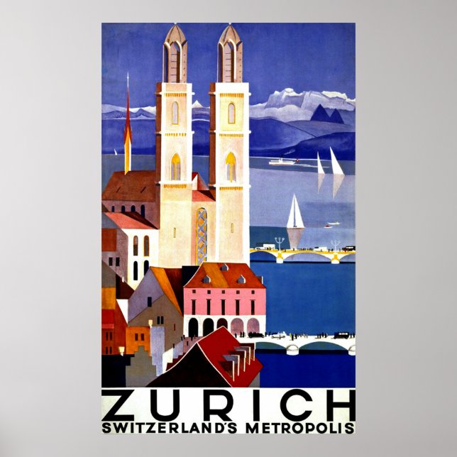Póster Zúrich, Suiza, ciudad, iglesia, viaje vintage (Frente)