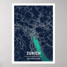 Zúrich - Suiza Mapa azul oscuro de la ciudad