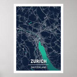 Póster Zúrich - Suiza Mapa azul oscuro de la ciudad