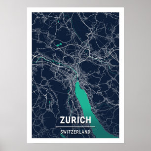 Póster Zúrich - Suiza Mapa azul oscuro de la ciudad
