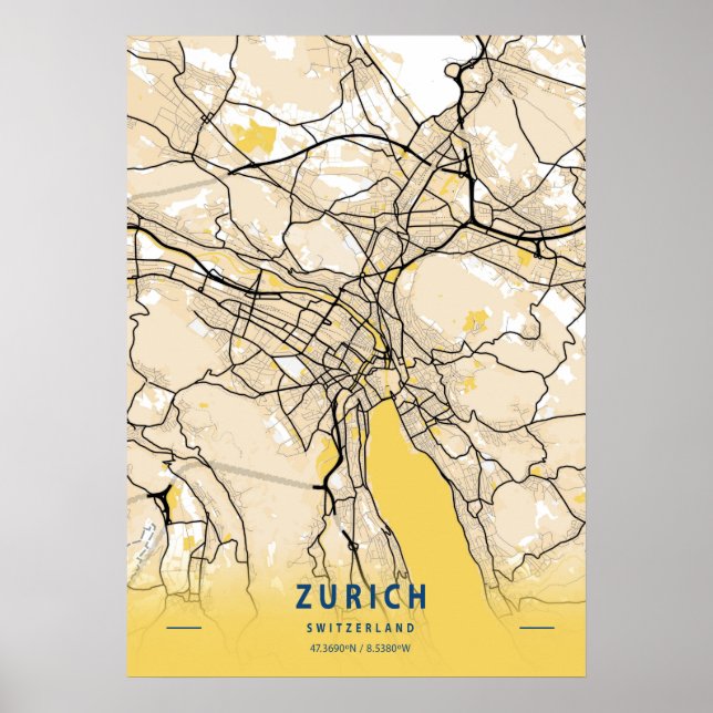 Póster Zúrich - Suiza Mapa de la ciudad amarilla (Frente)