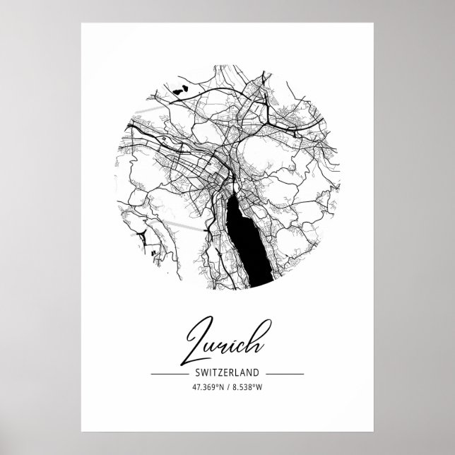 Póster Zúrich - Suiza Mapa de la Ciudad del Agua Negra (Frente)