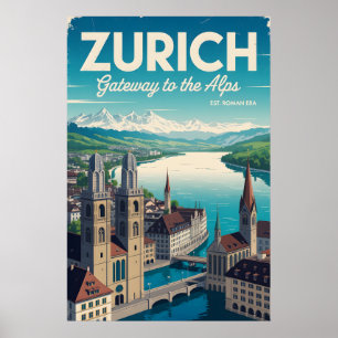 Póster Zurich Suiza Retrospectivo Paisaje Urbano Viajes