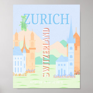 Póster Zurich Travel Art, Suiza, Blue Retro Travel