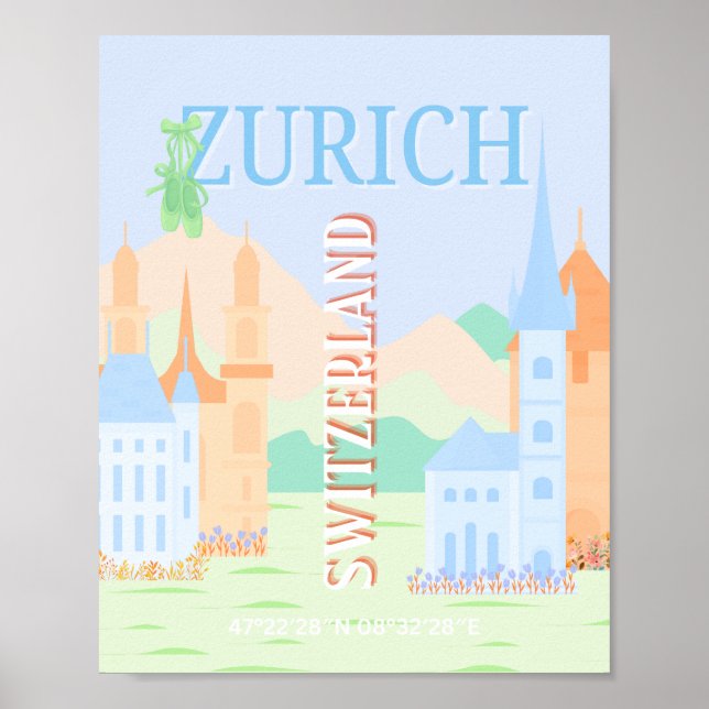 Póster Zurich Travel Art, Suiza, Blue Retro Travel (Frente)