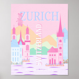 Póster Zurich Travel Art, Suiza, Pink Preppy