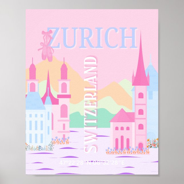 Póster Zurich Travel Art, Suiza, Pink Preppy (Frente)