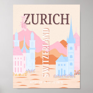 Póster Zúrich Travel Art, Suiza, Retro Travel Art