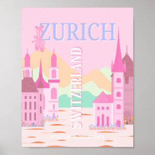 Póster Zúrich Travel Art, Suiza Travel Art, Pink