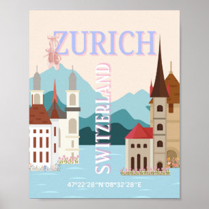 Póster Zúrich Travel Art, Suiza Travel Art, Retro