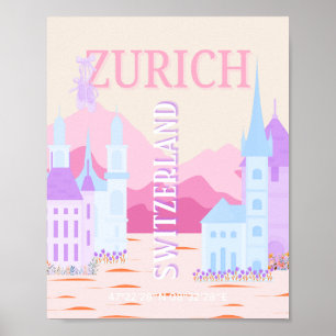 Póster Zurich Travel Art, Suiza, Viajes de Pink Preppy