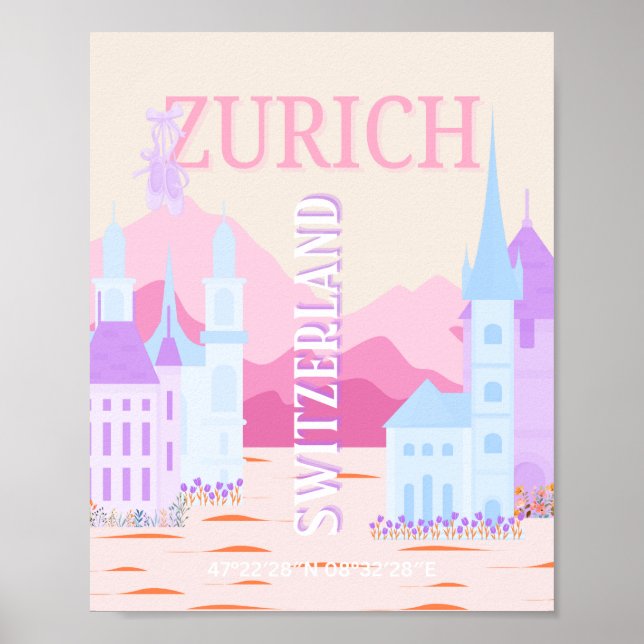 Póster Zurich Travel Art, Suiza, Viajes de Pink Preppy (Frente)
