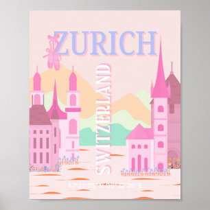 Póster Zúrich Travel Art, Suiza, Viajes Retro Rosa