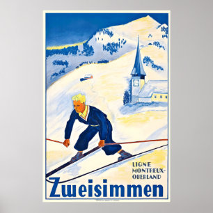 Póster Zweisimmen Berna Alpes Suizos Suiza Esquí Antiguo