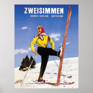 Póster Zweisimmen, Bernese Oberland, Suiza, esquí