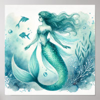 Pósteres de Arte de Sirena en Acuarela para Pared