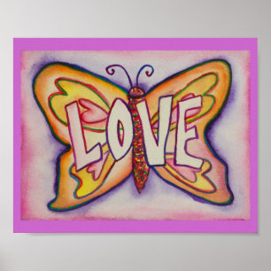 Posters de arte de mariposa rosa de Word Love