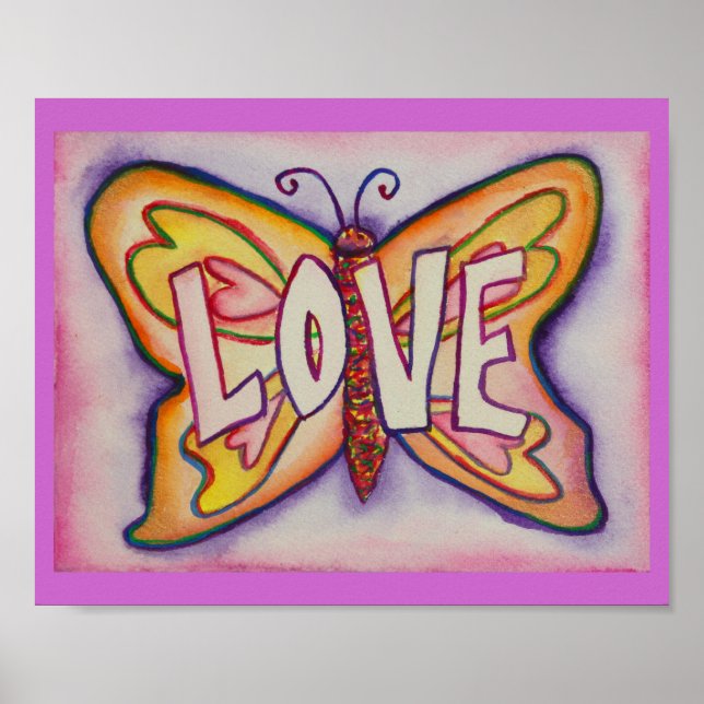 Posters de arte de mariposa rosa de Word Love (Frente)
