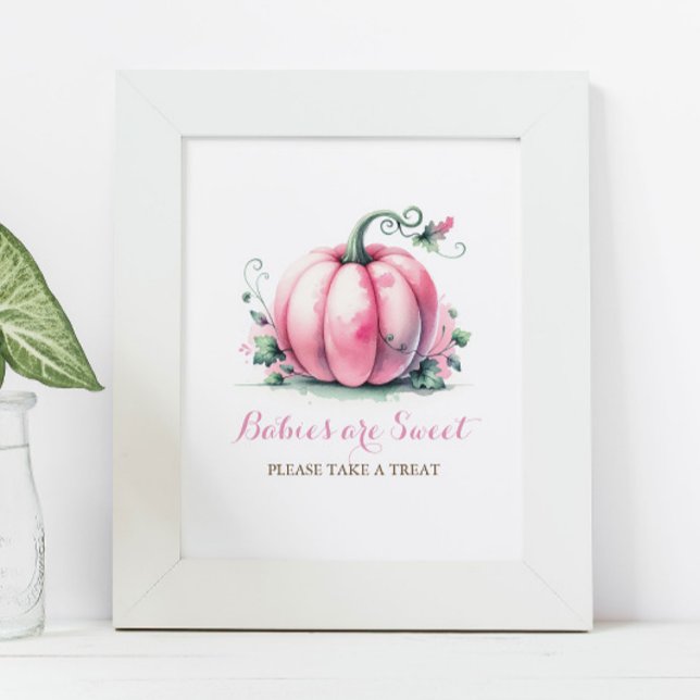 Posters de Baby Shower de calabaza rosa (Baby shower posters fall pink pumpkin decor watercolor babies are sweet please take a treat.)
