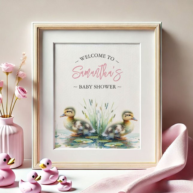 Posters de Baby Shower doblan el cartel de bienven (baby shower posters pink girl watercolor ducks by Do Tell A Belle)