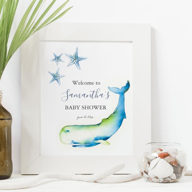Posters de Baby Shower Under the Sea Blue Whale (nautical blue whale baby shower posters watercolor art by Victoria Grigaliunas Do Tell A Belle)