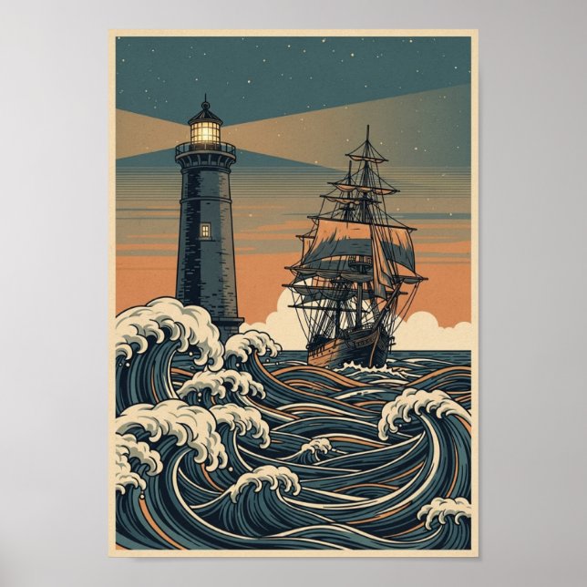 Posters Vintage Ocean Lighthouse Print (Frente)