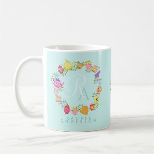 Potes de té y tazas monograma Mug azul pastel