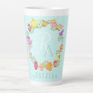 Potes de té y tazas monograma Mug azul pastel